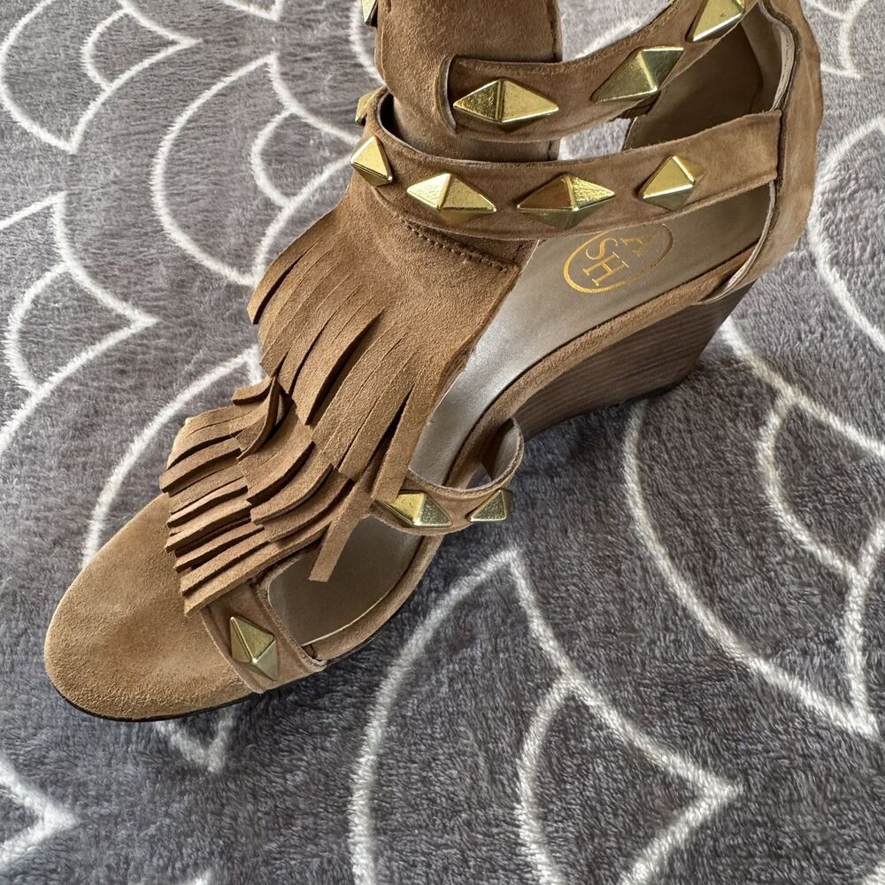 ASH Brown Suede Fringe Studded Leather Gladiator Studded Sandal Heels Sz 36 - Picture 14 of 16